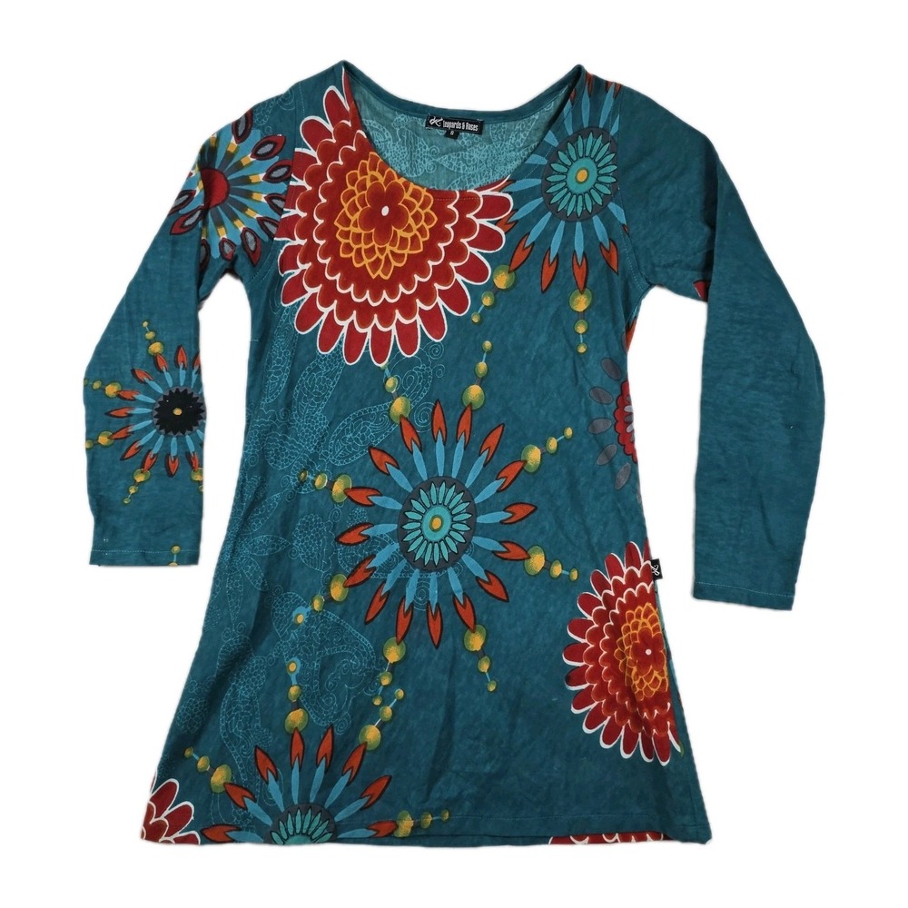 Leopards & Roses Teal Blue Floral Mandala Cotton Tunic Mini Dress Small Nepal
